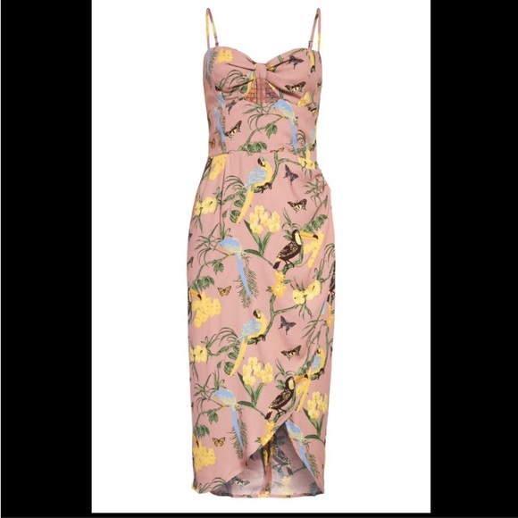 Reformation Aero Keyhole Faux Wrap Midi Dress in Bird Conga Print on Blush 6 - Picture 1 of 13